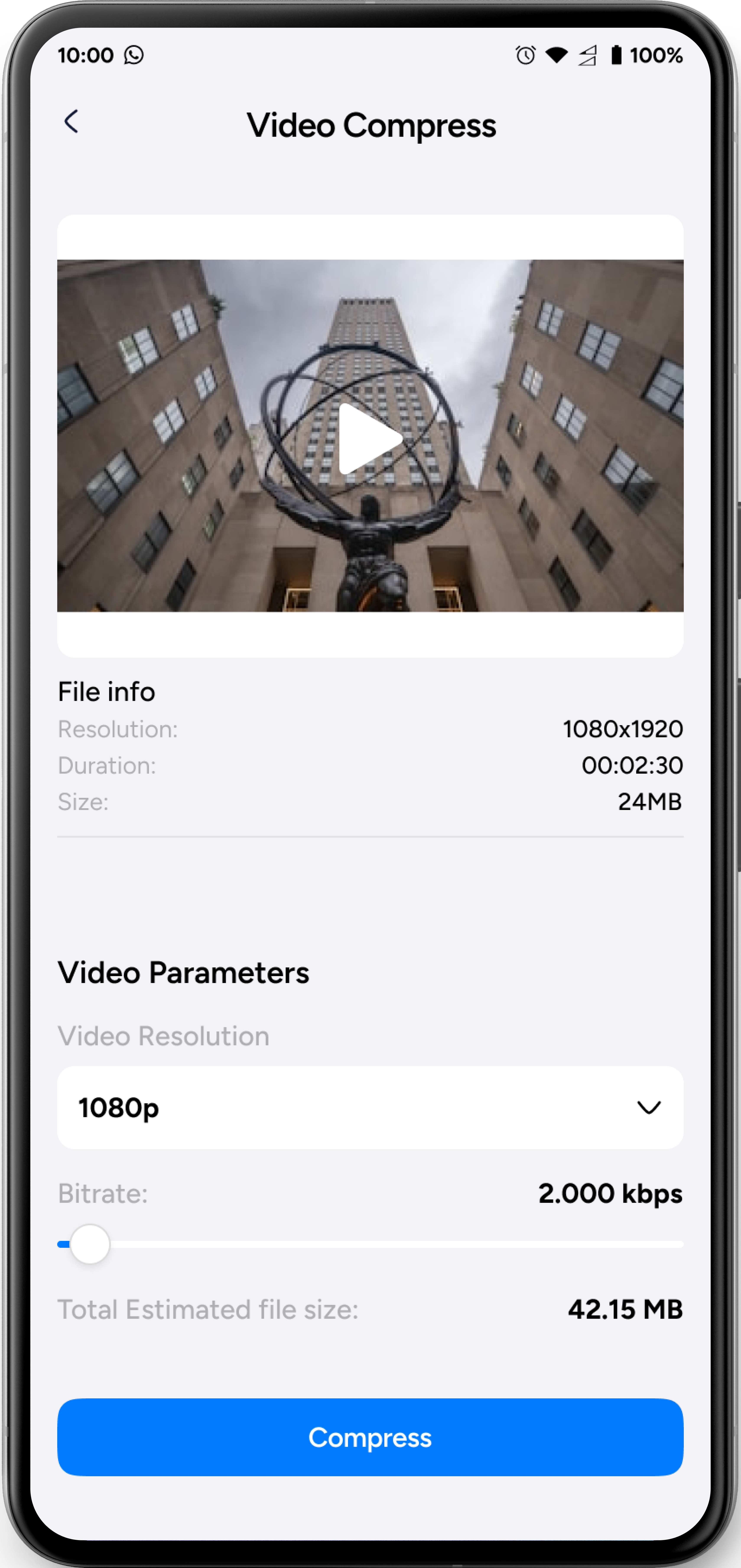 Illustrative Video Compress screen with file details, resolution and bitrate controls, and an estimated output size