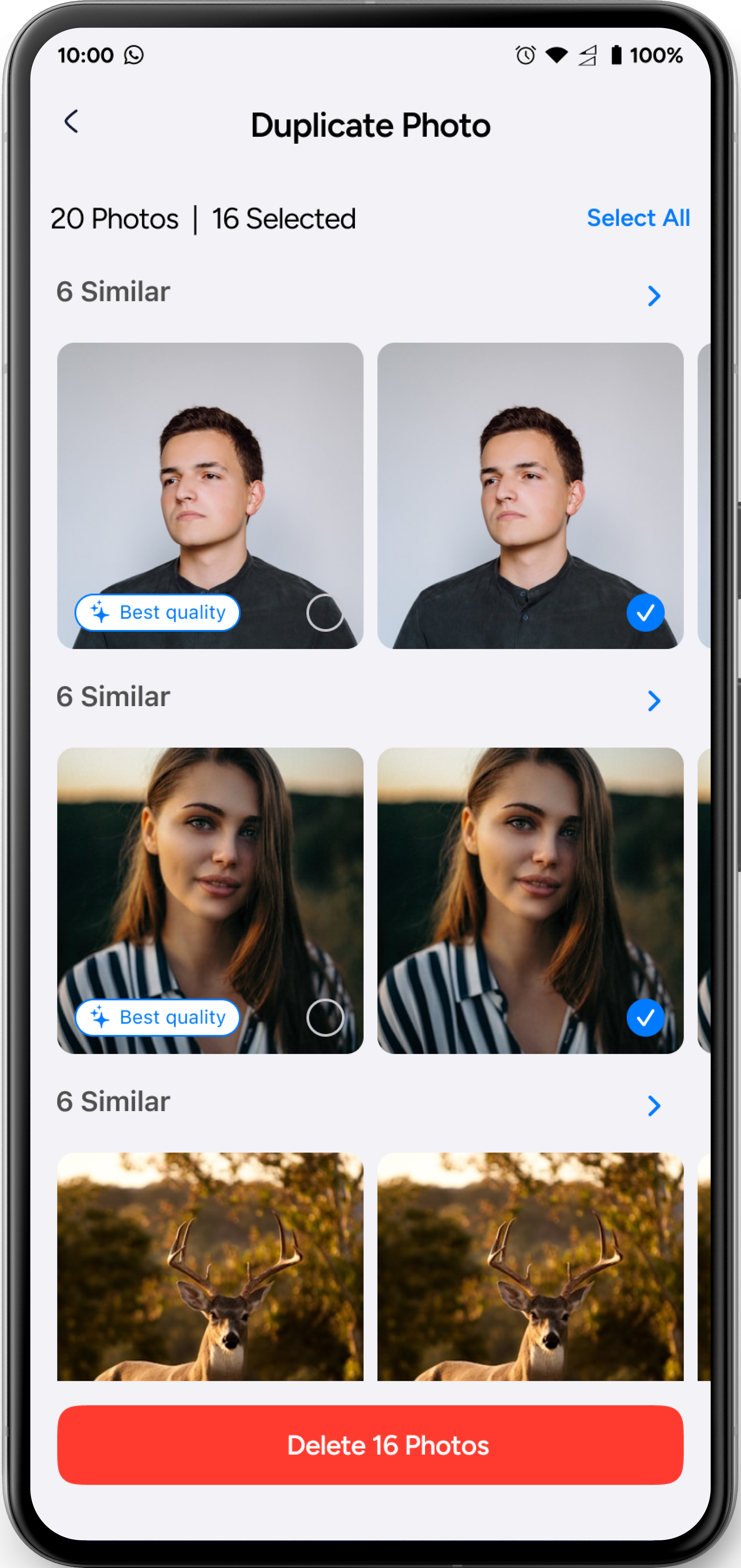 Illustrative duplicate photo groups with a best-quality label, selected copies, and a Delete Photos button