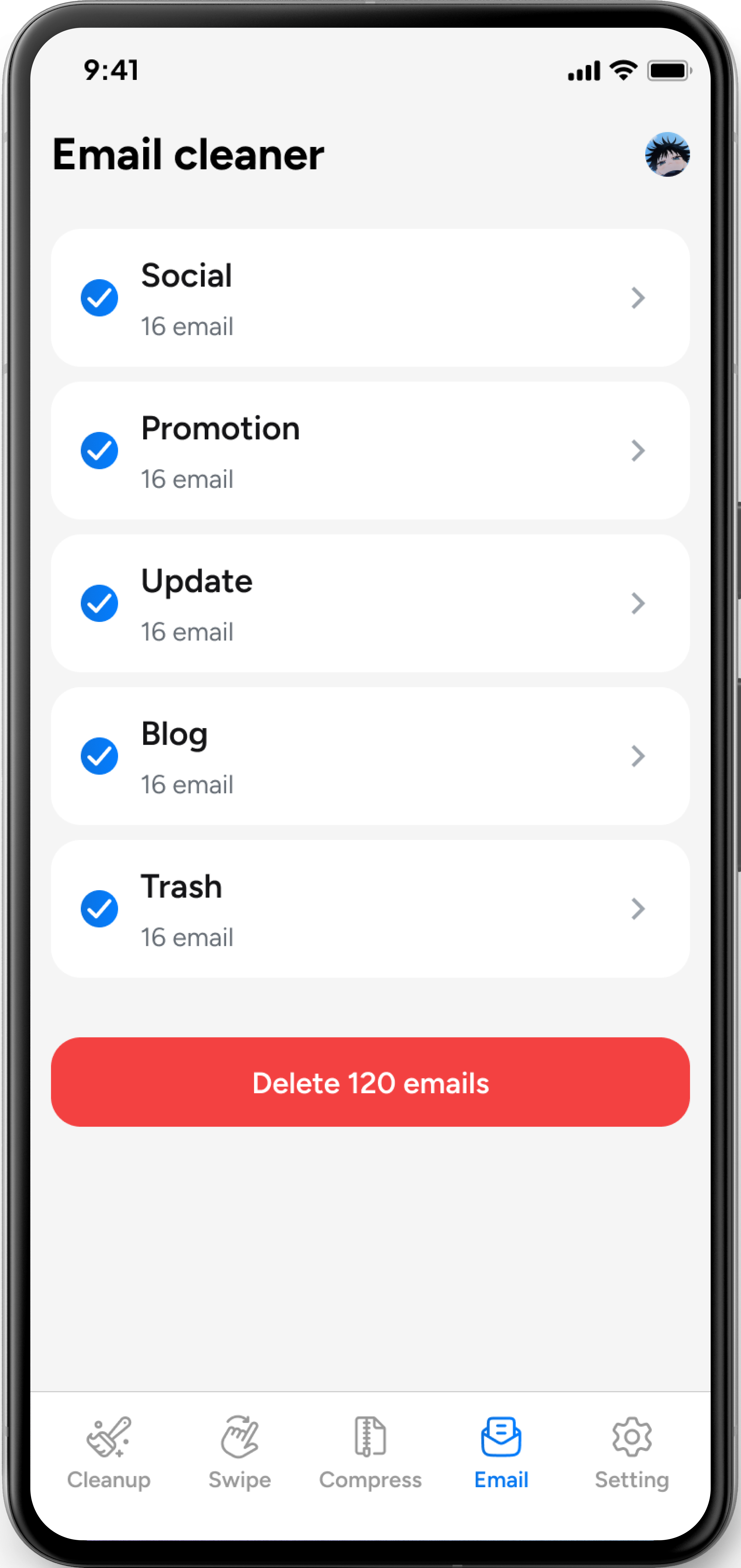 Illustrative Email cleaner screen with Social, Promotion, Update, Blog, and Trash groups selected for email deletion