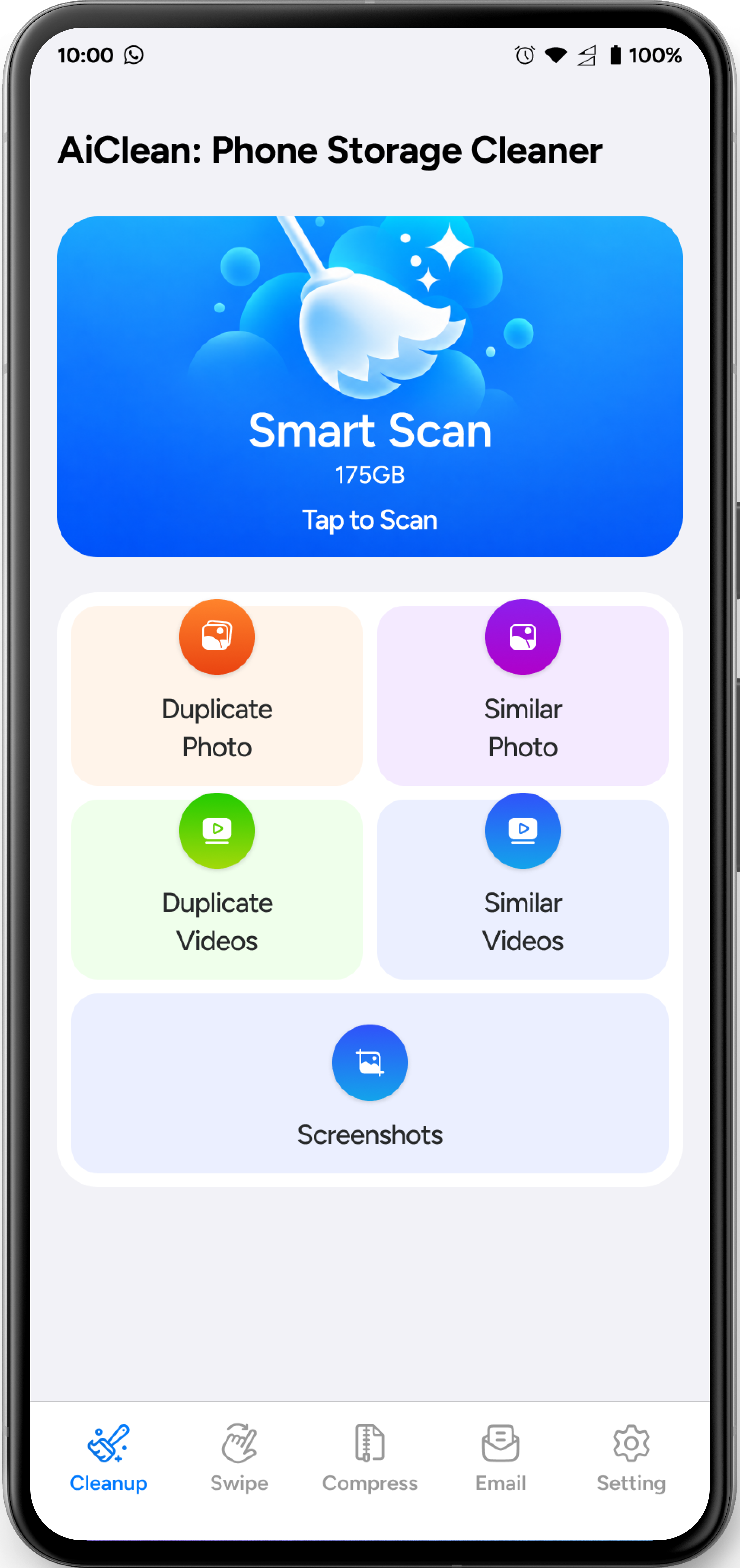 Illustrative AiClean home screen with Smart Scan, photo and video cleanup categories, and Swipe, Compress, and Email tabs