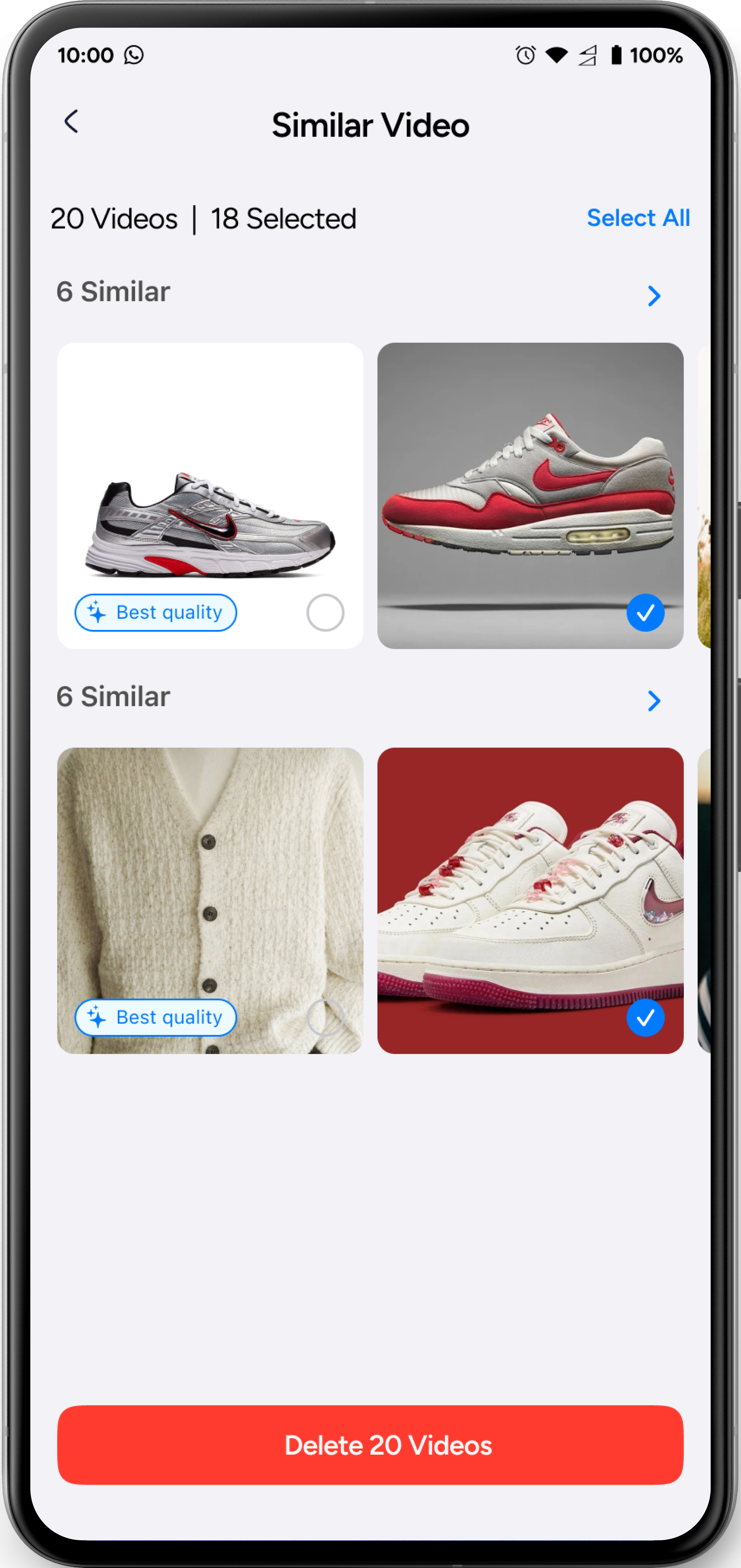 Illustrative similar video groups with best-quality labels, selected videos, and a Delete Videos button