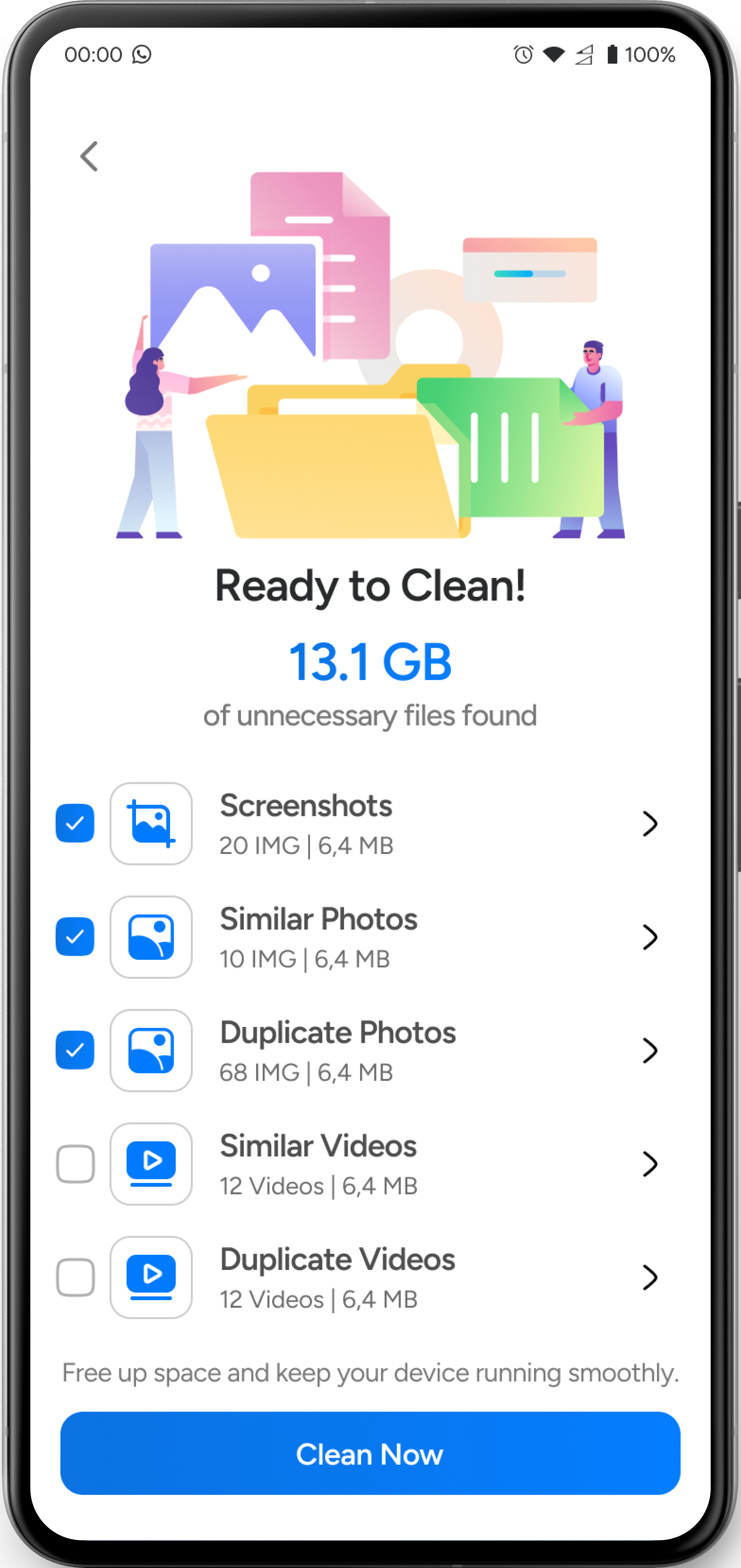 Illustrative Smart Scan results with selected screenshot and photo groups, video groups, and a Clean Now button