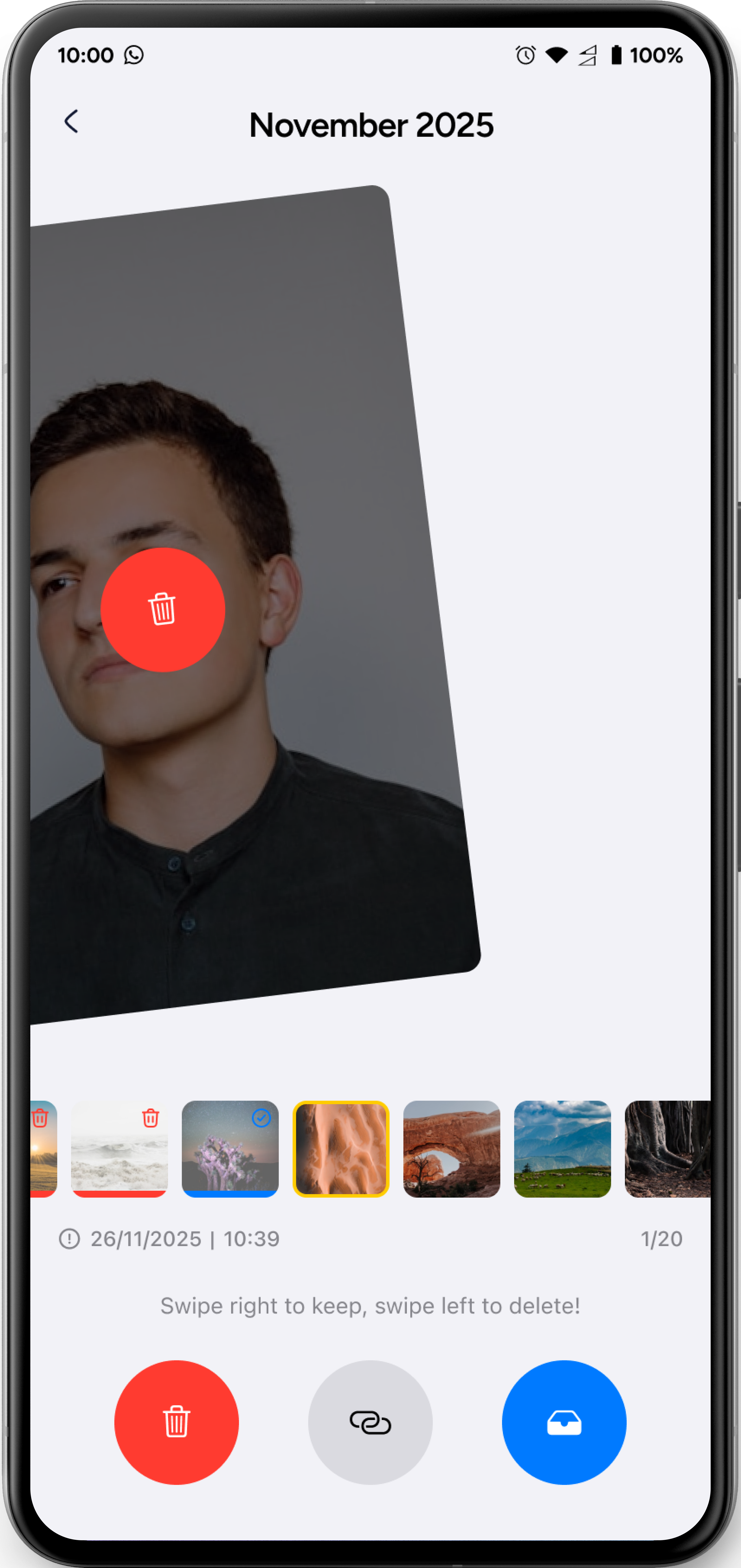 Illustrative Swipe screen showing a photo swiped left toward Delete, with on-screen Delete and Keep controls